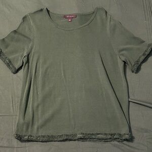 Ann Taylor Dark Green Fringed Short Sleeve Top